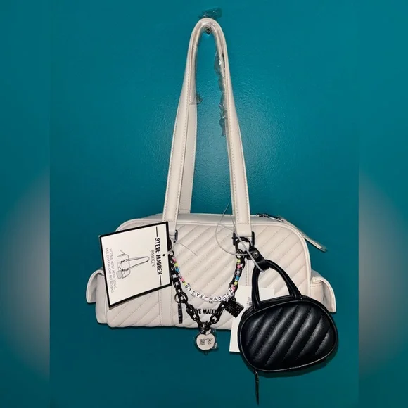 Steve Madden Bmikey Quilted Satchel – White/Black Charm Bag, NWT - Picture 3 of 6